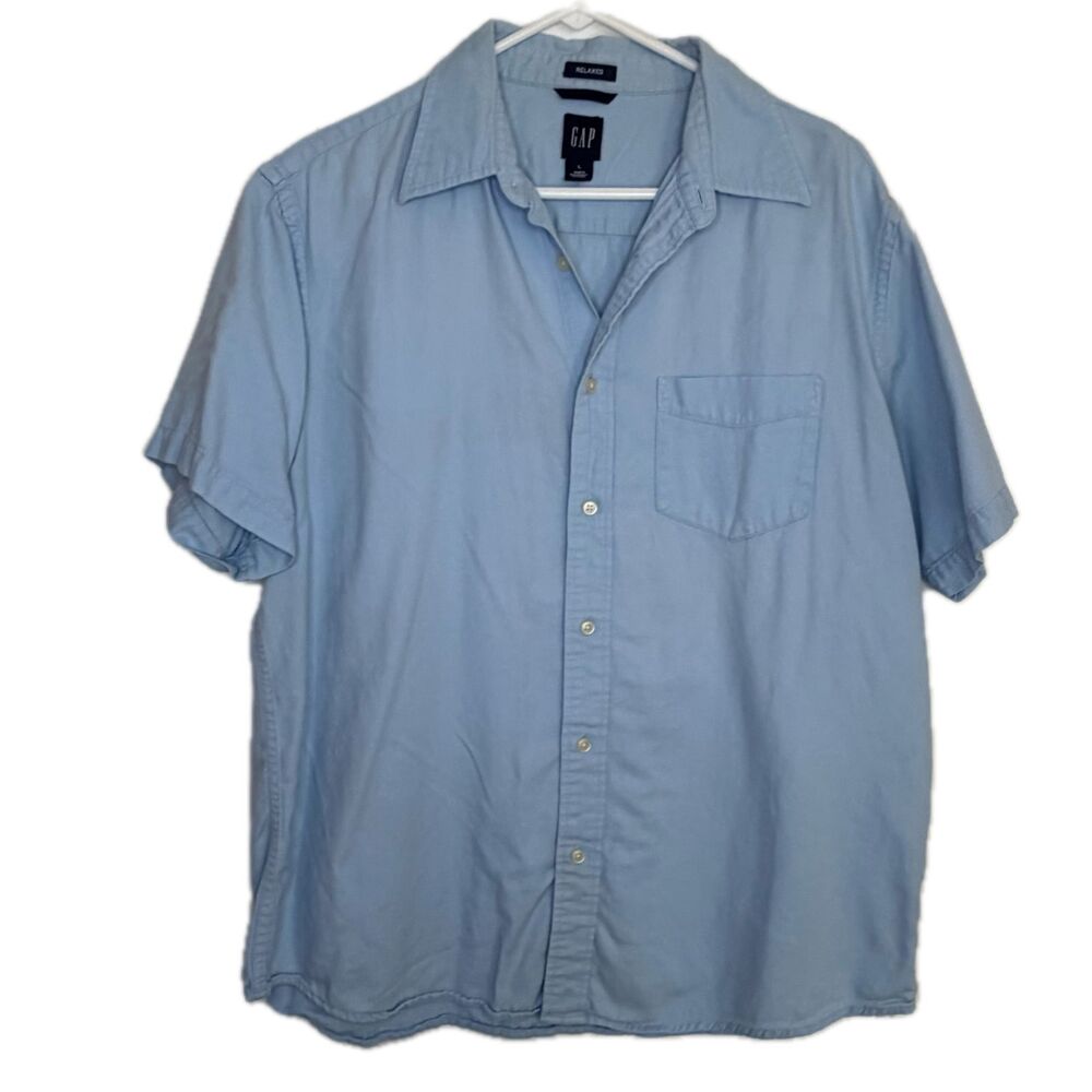 Gap Men's Large Blue Casual Button Down Short Sleeved Collared Shirt Relaxed Fit